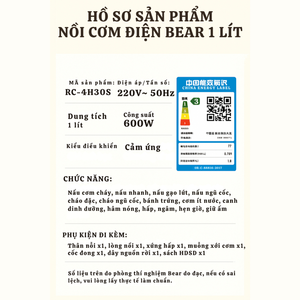 Nồi cơm điện 1L Bear RC-4H30S (DFB-H30A3) - Ảnh 8